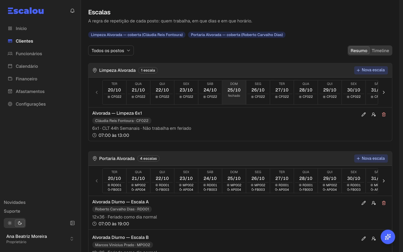 As escalas de um cliente, posto a posto, com os turnos dos próximos dias